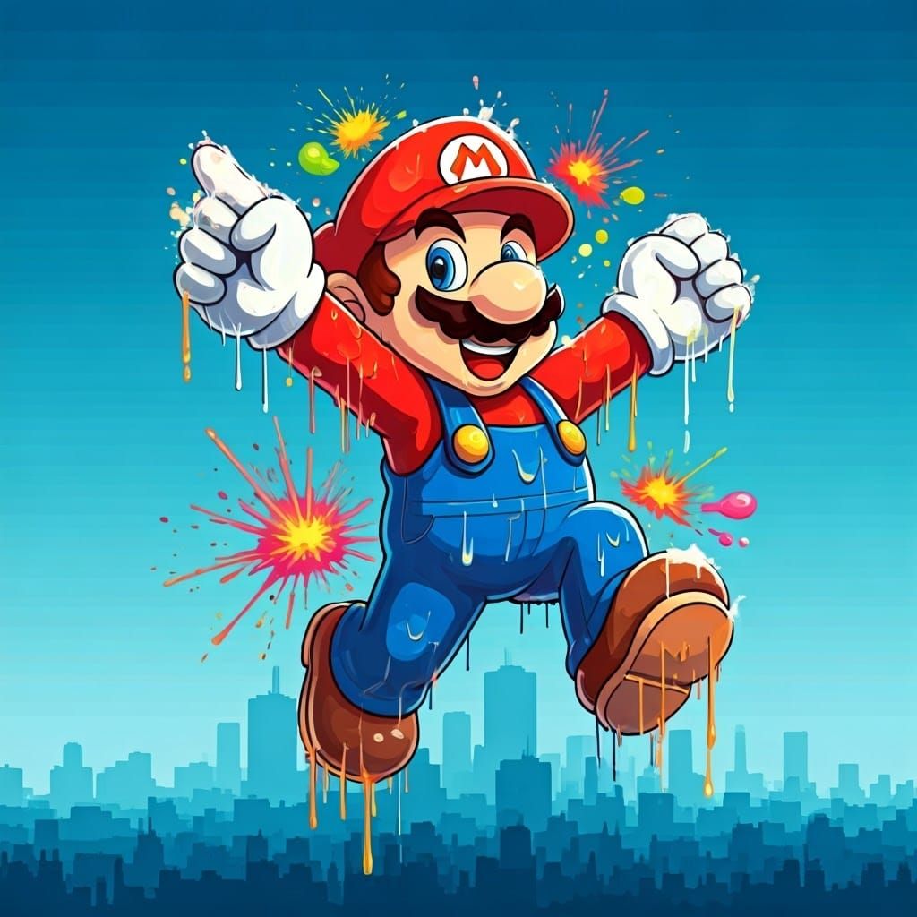 Vibrant Mario in a Cityscape of Melting Graffiti