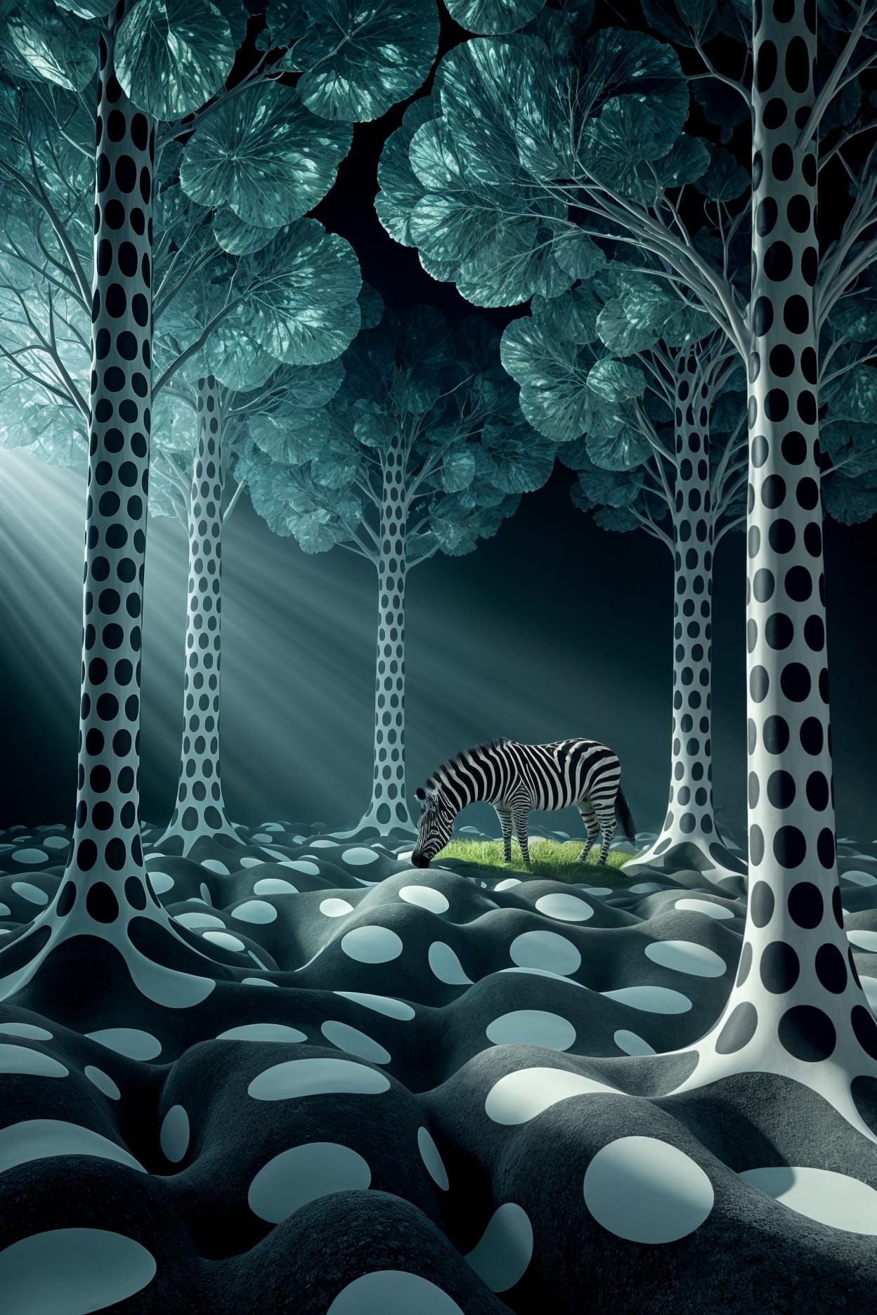 Surreal Polka Dot Forest with Prismatic Leaves