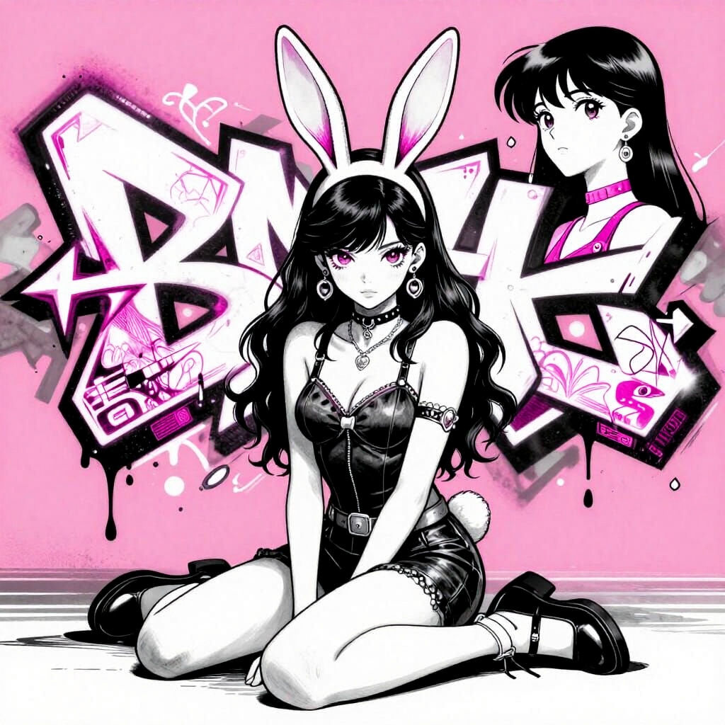 Woman With Rabbit Ears Sitting on Pink Graffiti Background