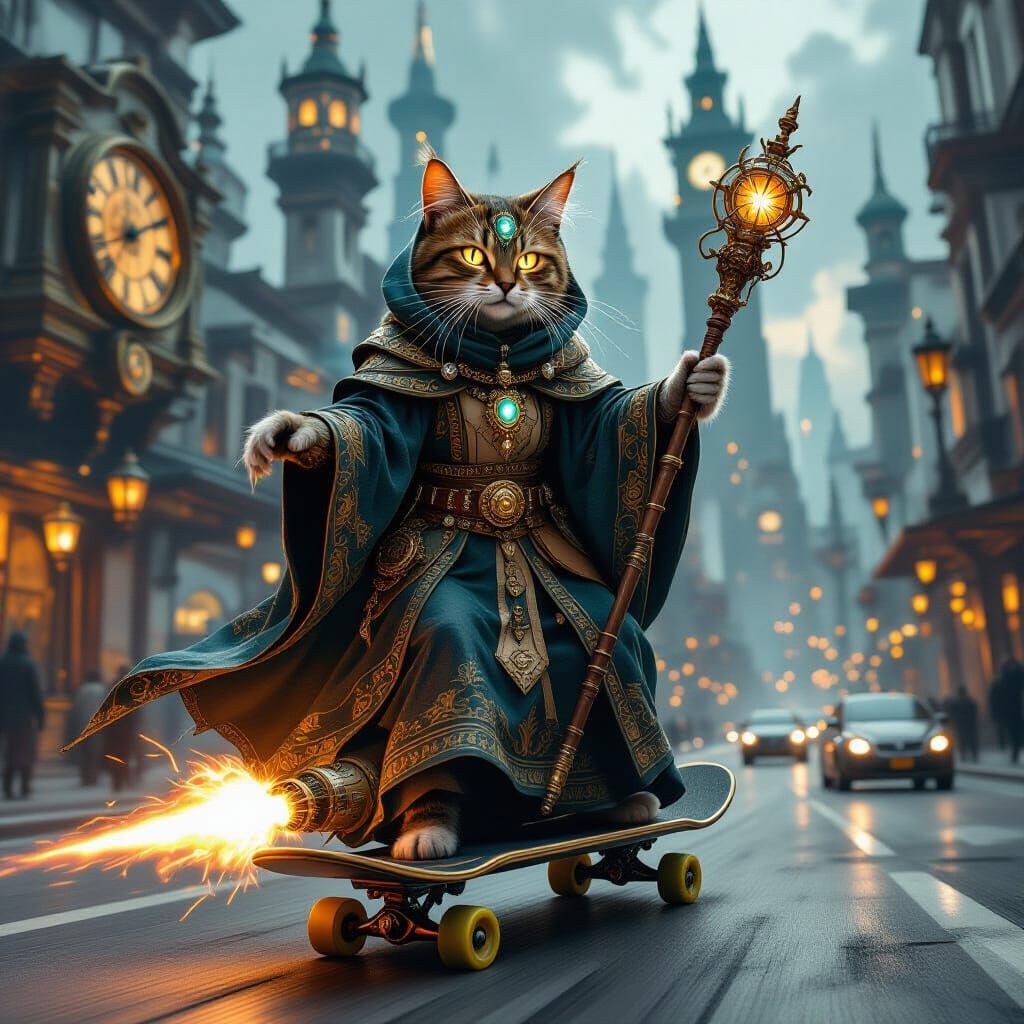 Steampunk Feline Sorceress on Rocket Skateboard