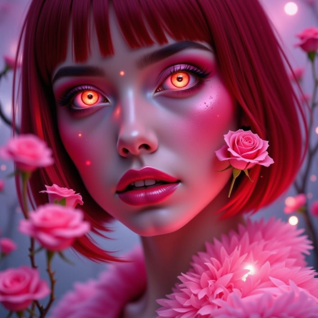 Hyperrealistic Fantasy Woman Portrait with Pink Aura and Ros...