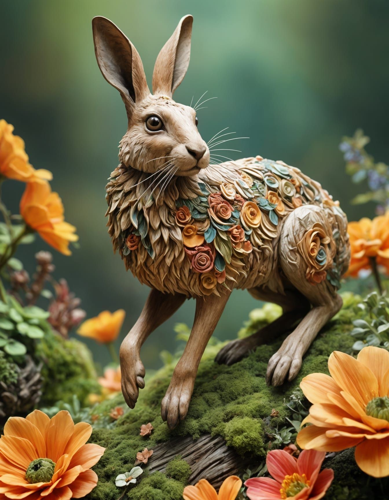 Vibrant Sculpture of Leaping Hare with Flowers and Twists