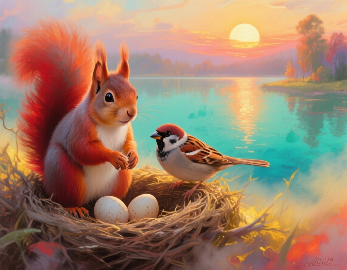 Squirrel and Sparrow Protect Nest in Colorful Alcohol Ink Ar...