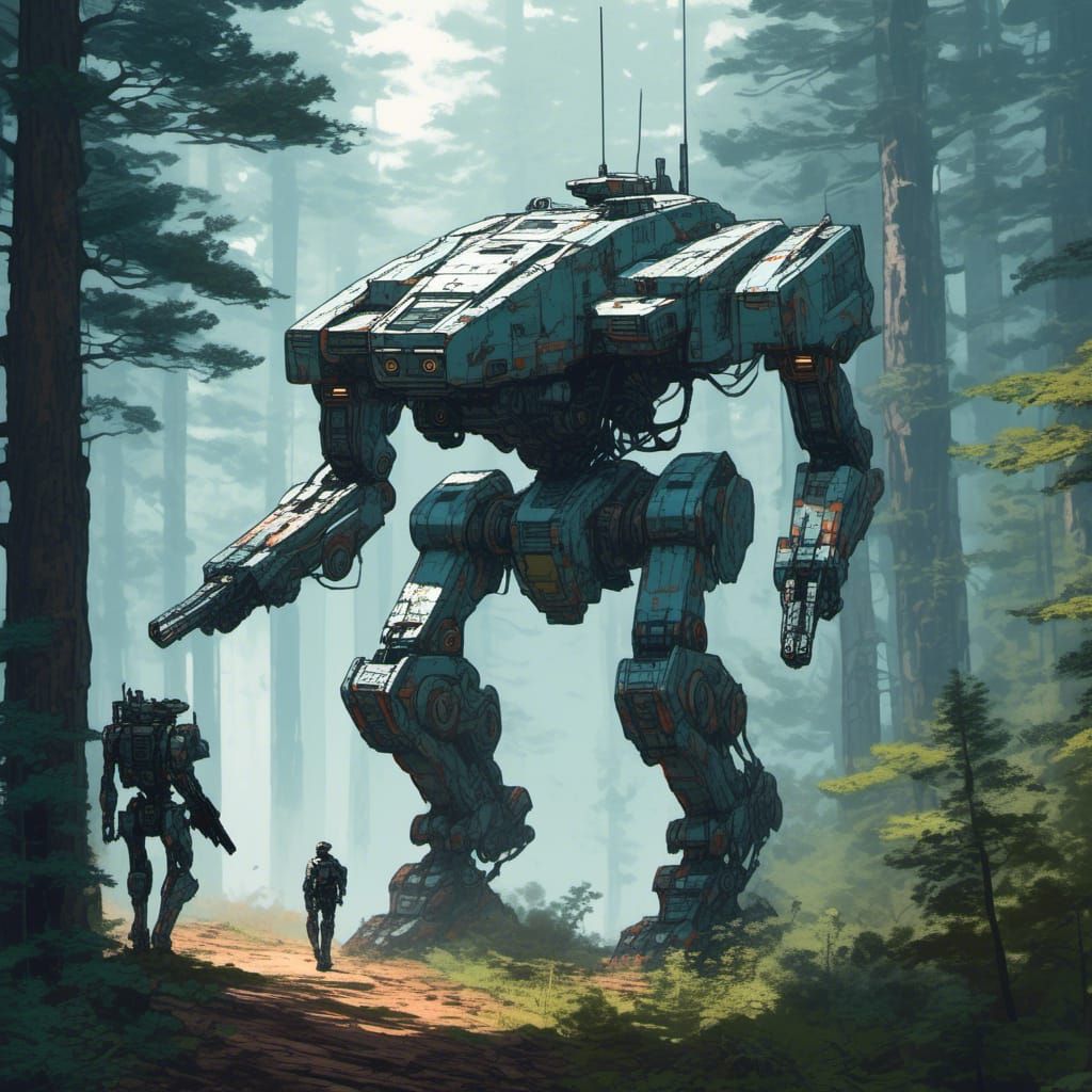 Minimalist Mech Defence Droid Schematic in Forest