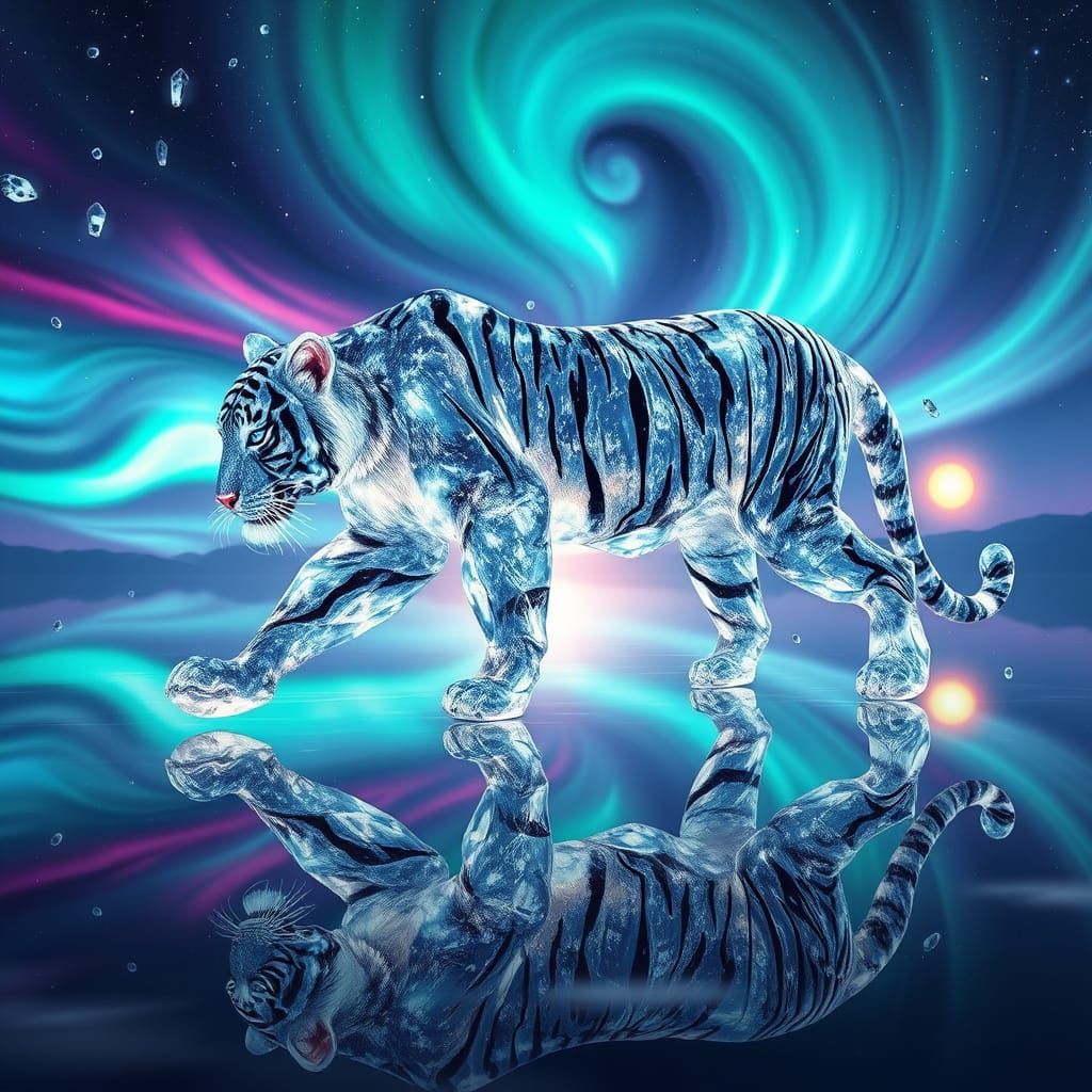 Hyperrealistic Crystal Tiger in Vibrant Cosmic Landscape