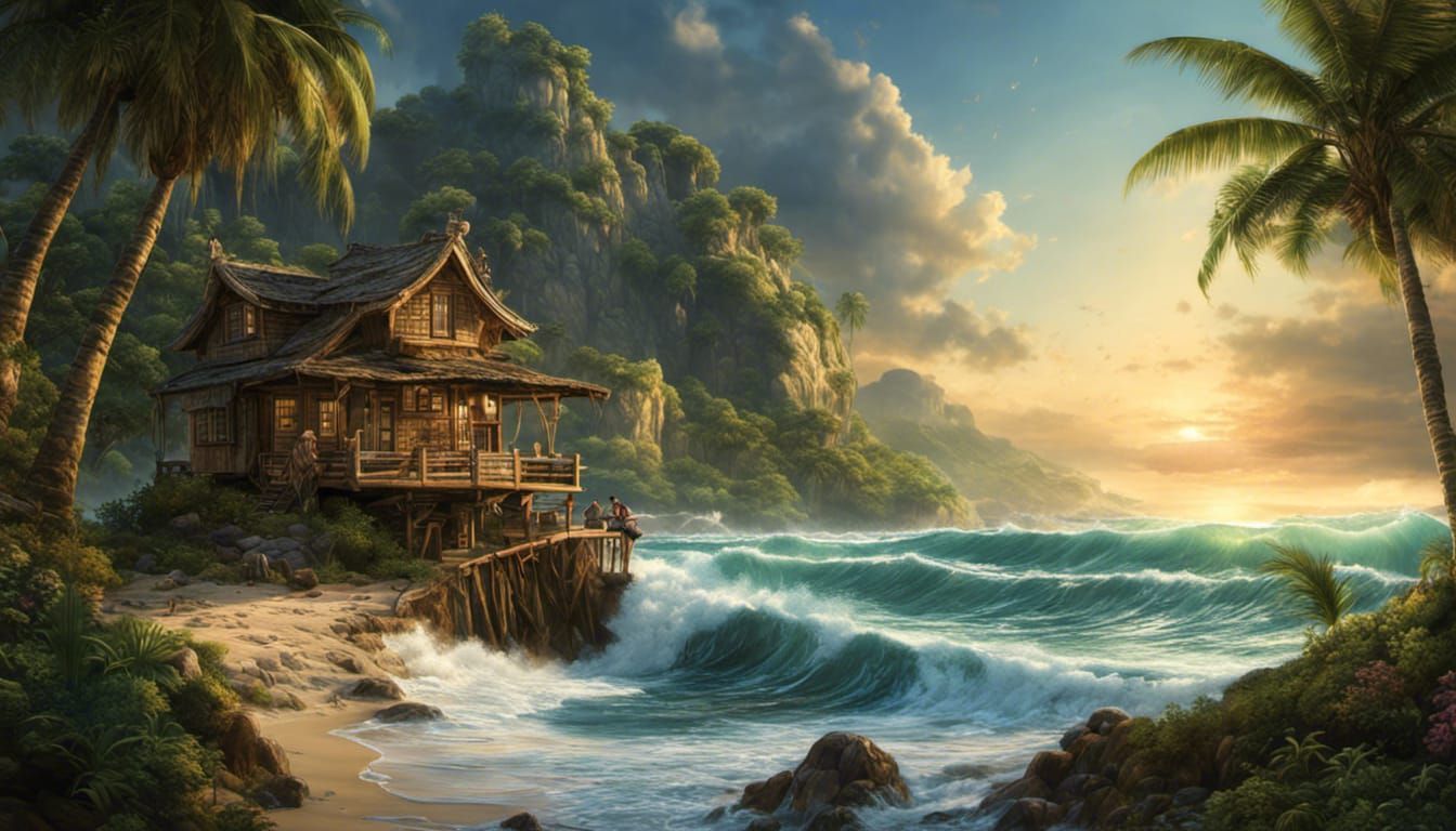 "Topical Seascape with Crashing Waves  and palm trees-3440 ....