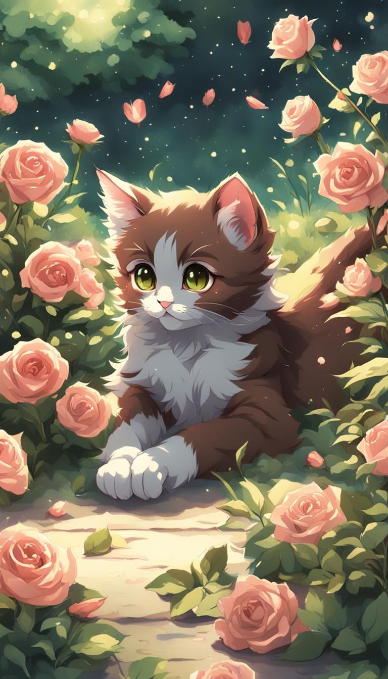 Brown Kitten in Rose Garden, Anime Style