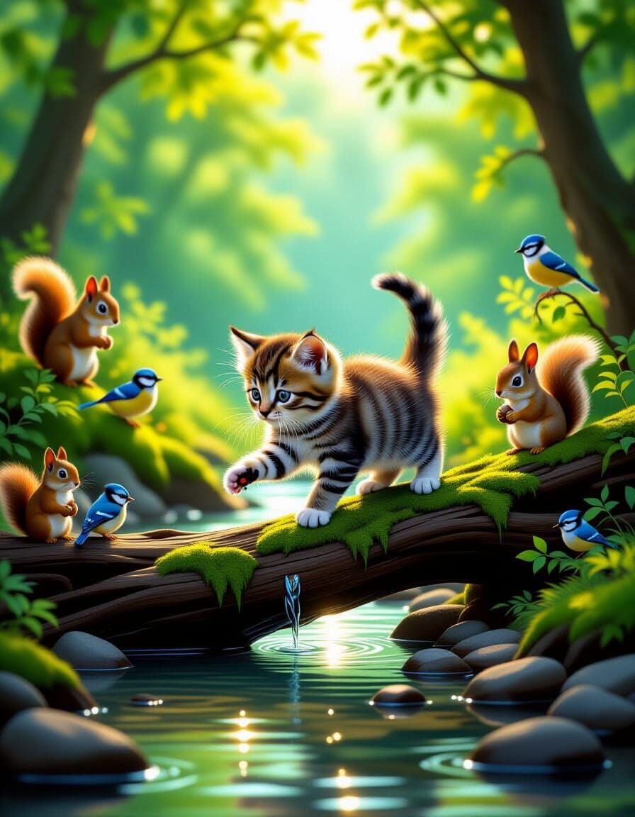 Cute Kitten Fishing in a Golden Hour Forest Stream