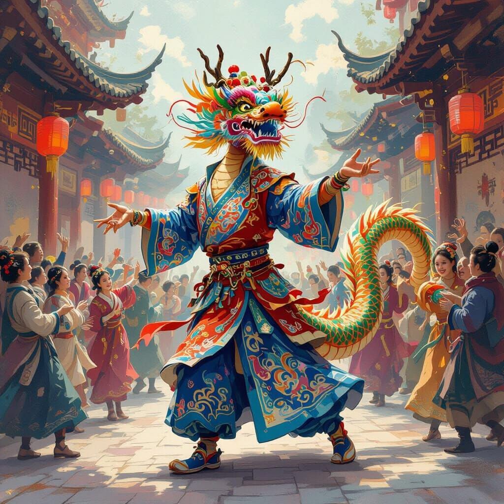 Chinese Dragon Dance in a Lively Celebration