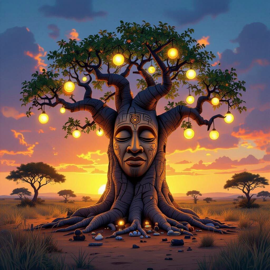 Baobab Tree with Face in African Savanna