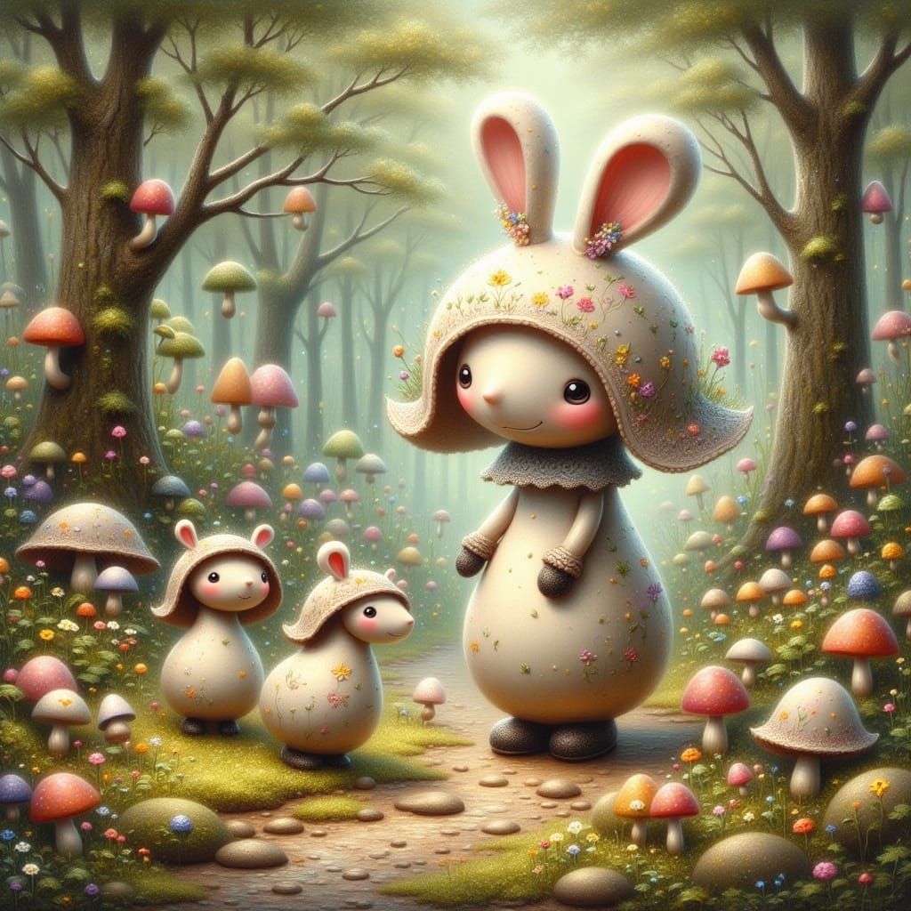 Whimsical Mushroom Mother and Her Adorable Offspring Stroll ...