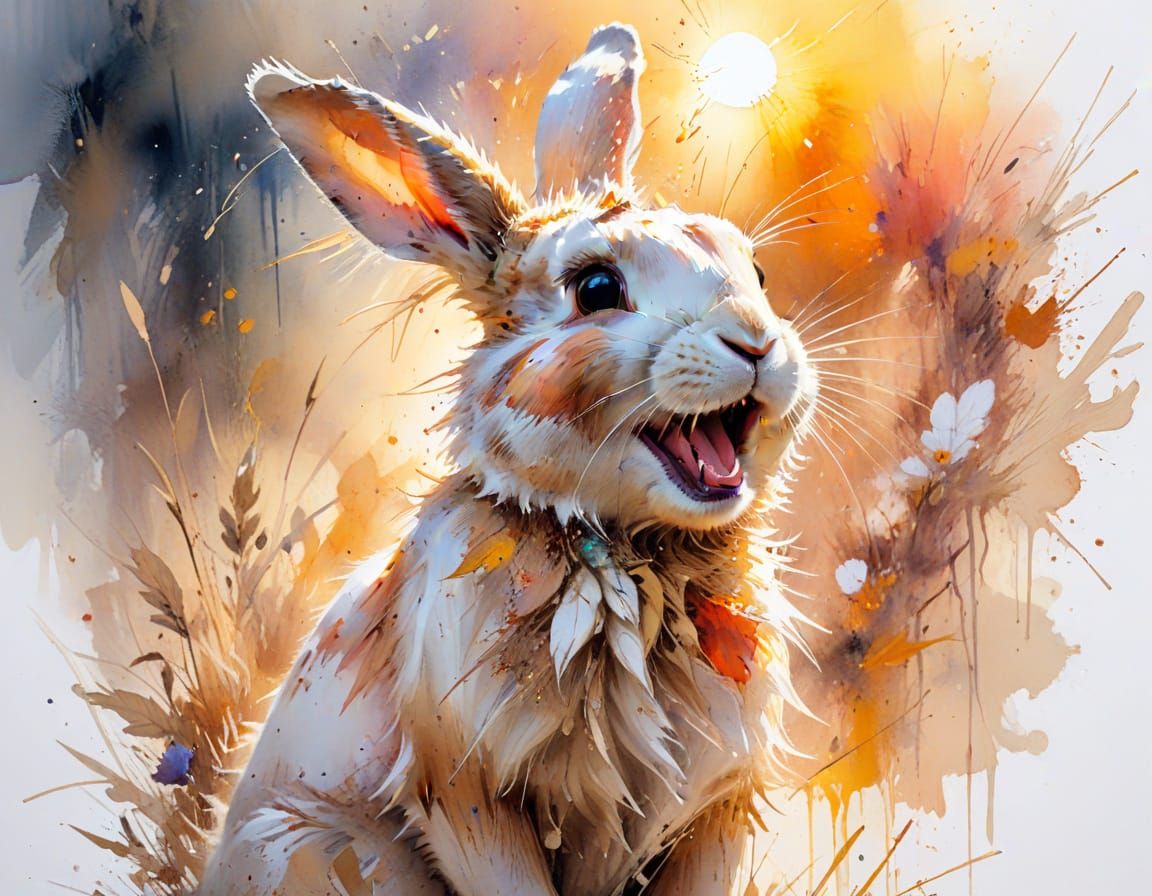 Laughing Bunny in Watercolor Style at Sunset