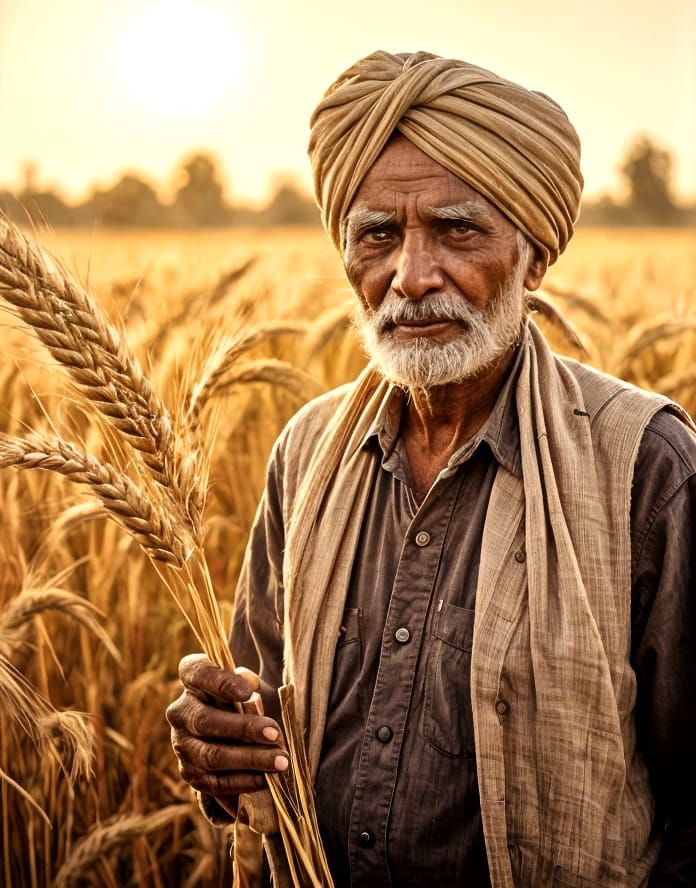 Indian Farmer in Golden Wheat Field at Sunset