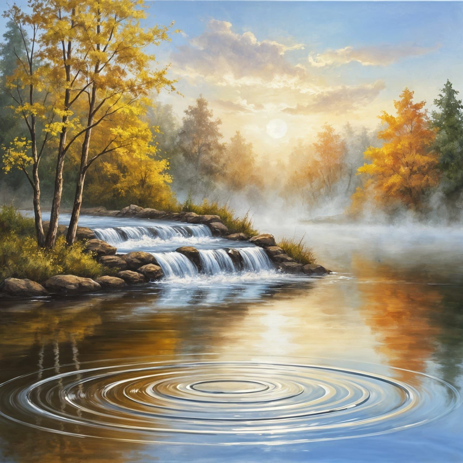 Tranquil Autumn Waterfall Serenity in Bob Ross Style
