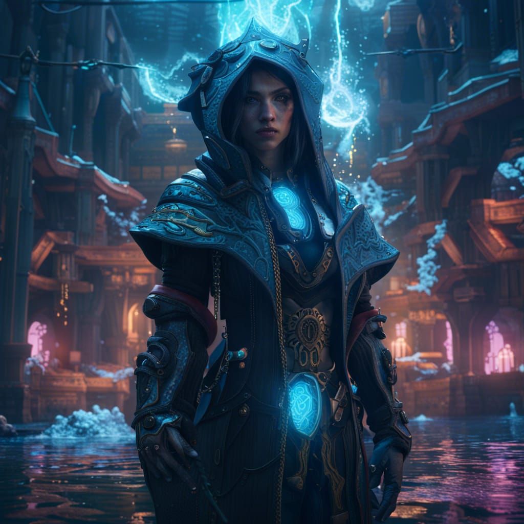 Cyberpunk Water Mage: Detailed Digital Art