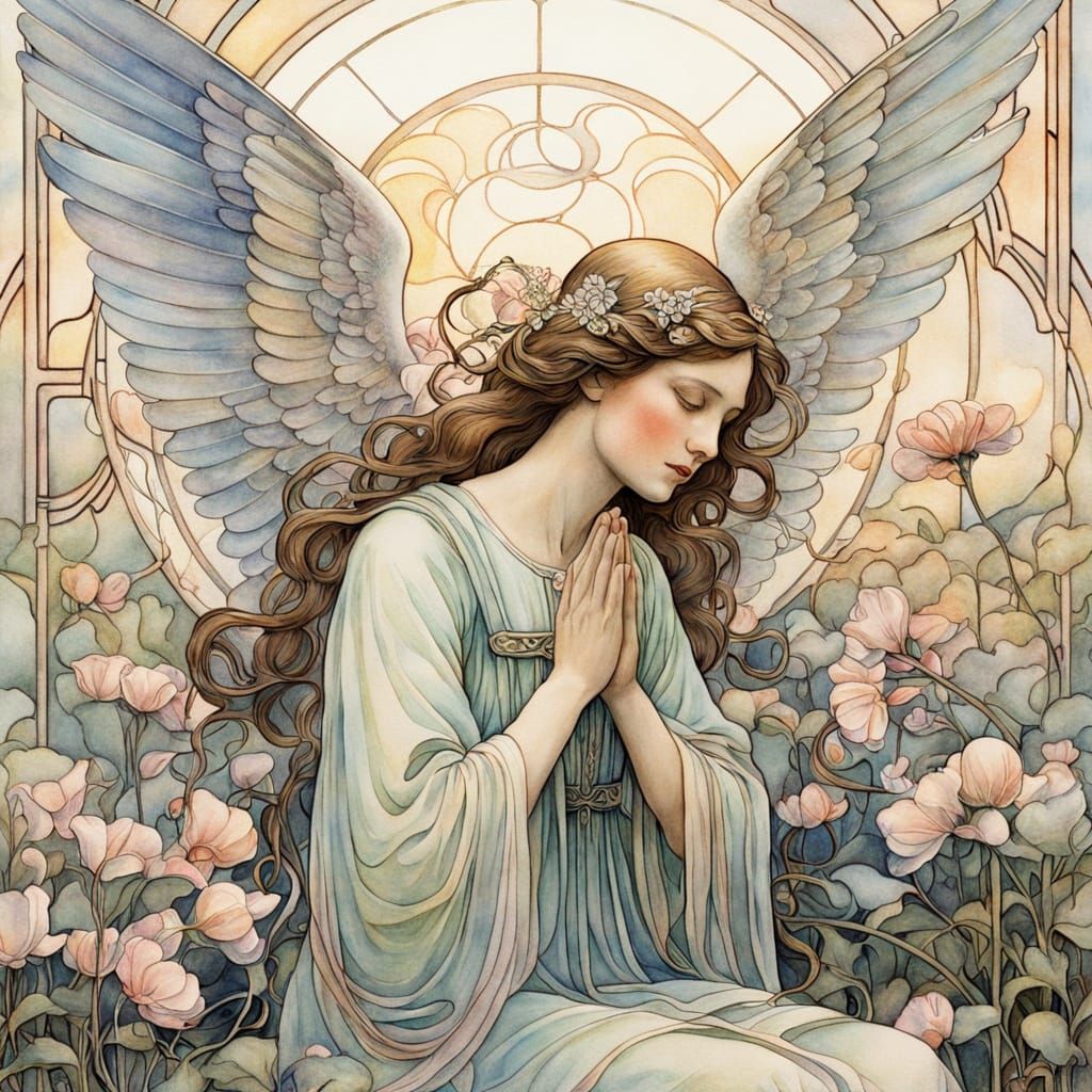 Angel Praying Over War Victim in Art Nouveau Style