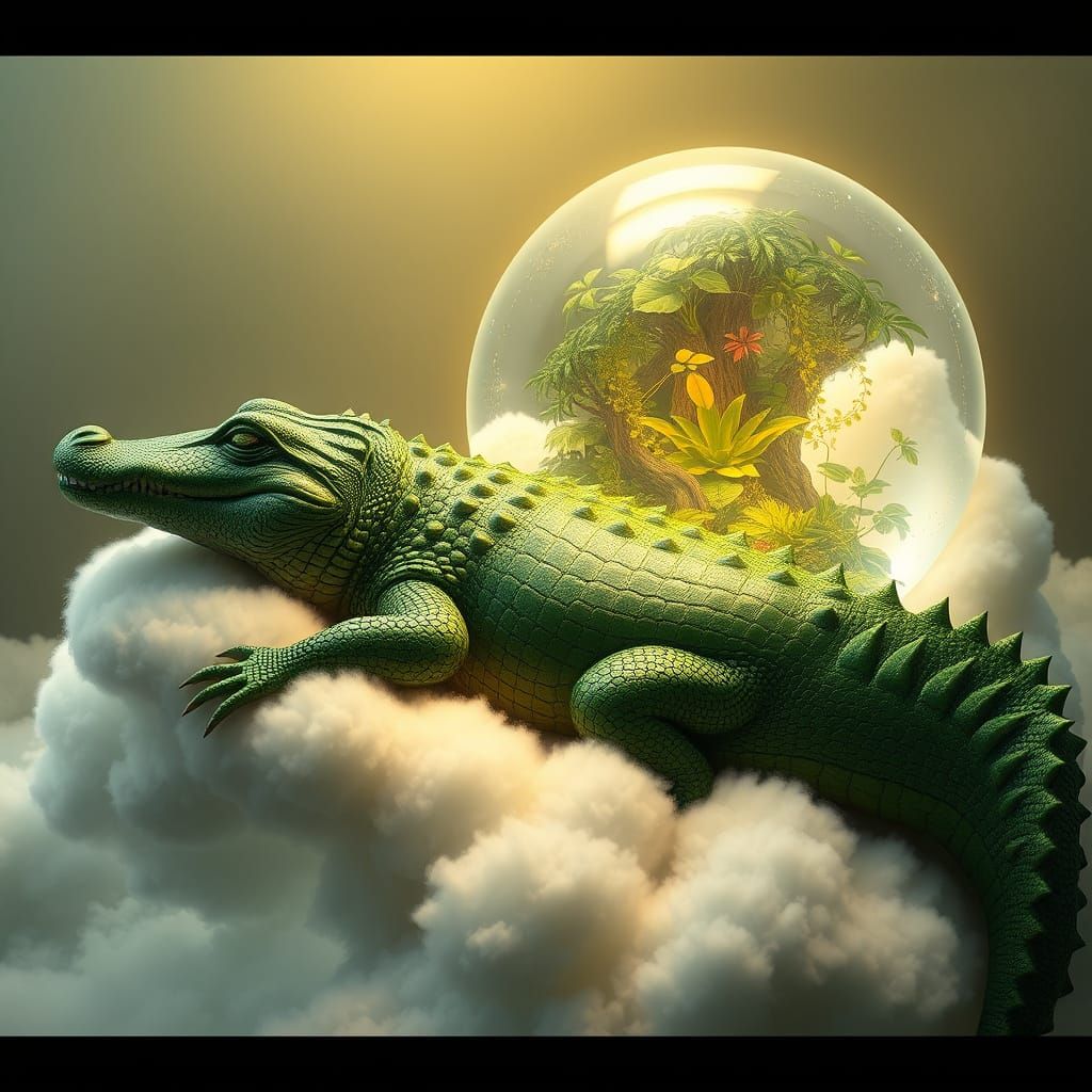 Surreal Green Crocodile Dreams of Enchanted Jungle in Crysta...