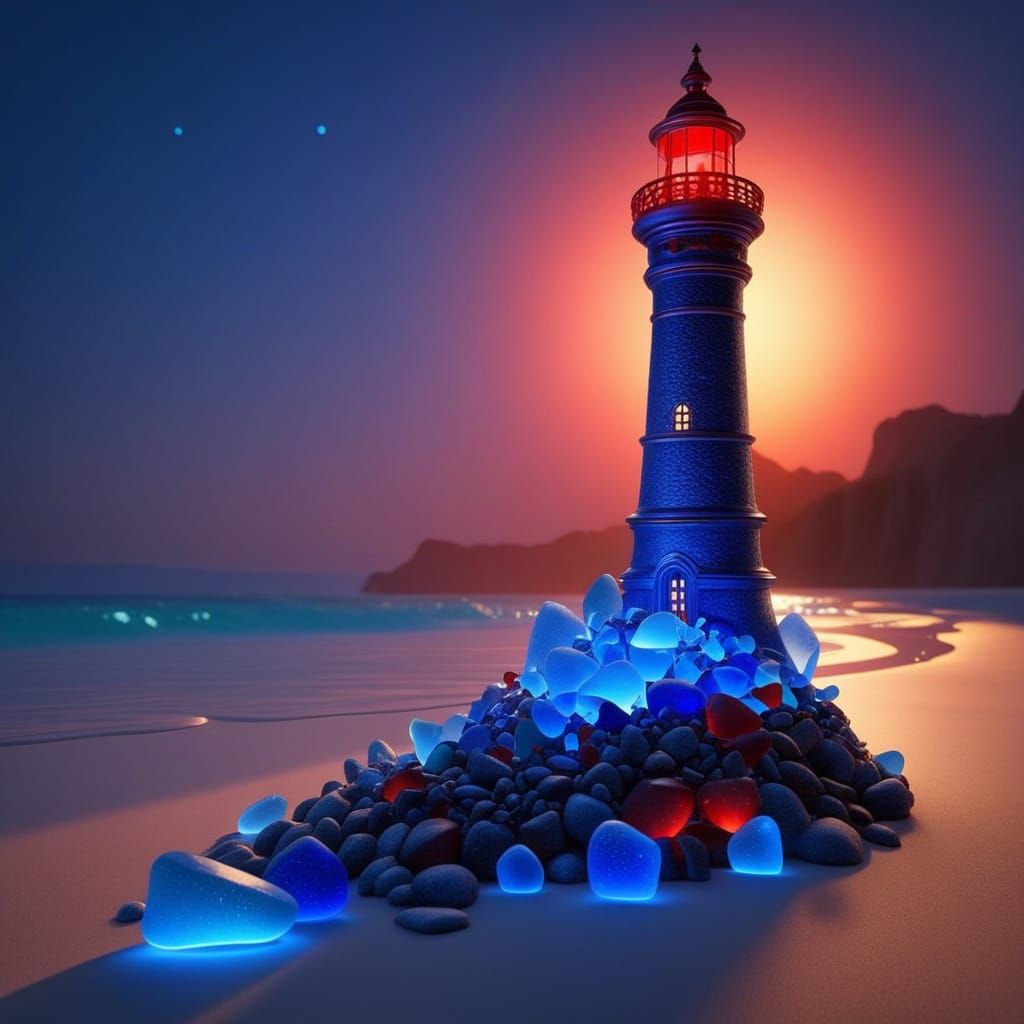 Cobalt and Red Sea Glass Lighthouse Sculpture