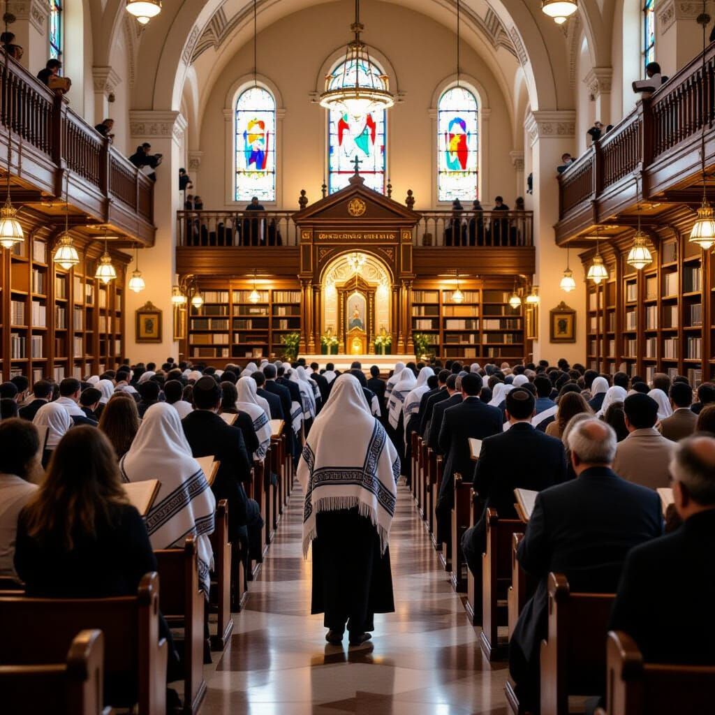 Sacred Synagogue Prayer Scene with Devout Worshippers