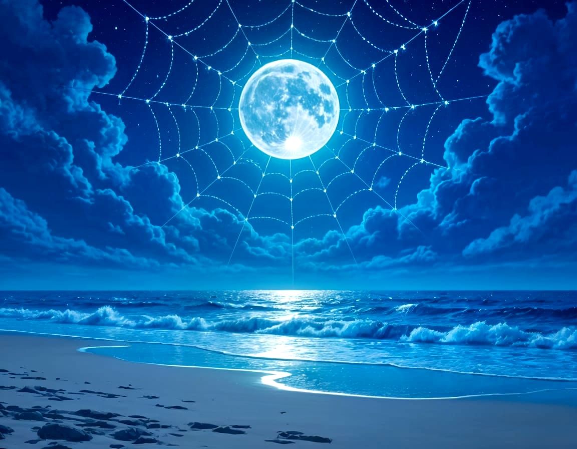 Moon Caught in Spiderweb Over Blue Beachscape