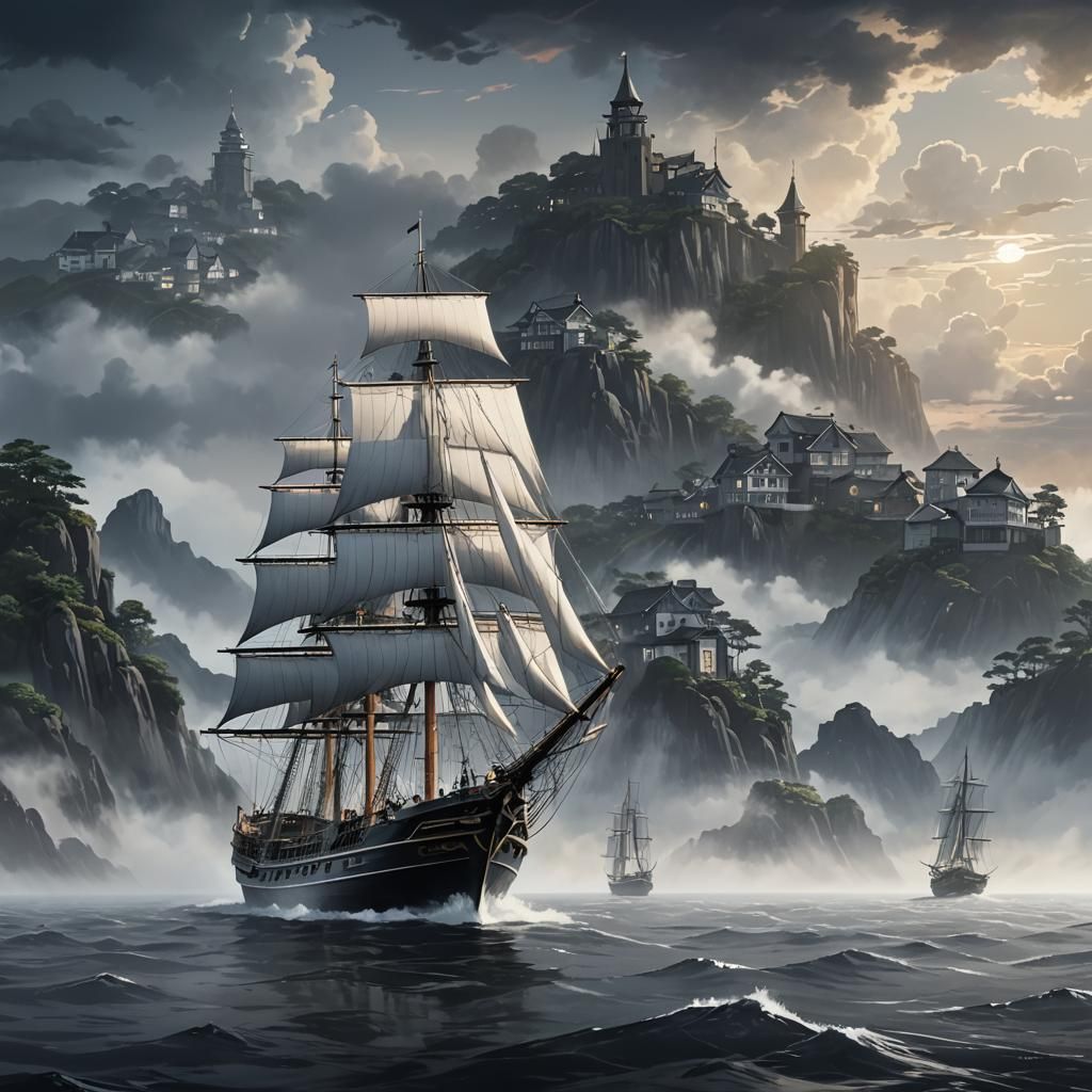 Anime Key Visual: Vibrant Boat on Monochrome Sea