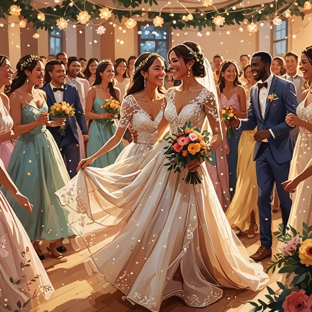 Vibrant Wedding Illustration of Bride on Dance Floor