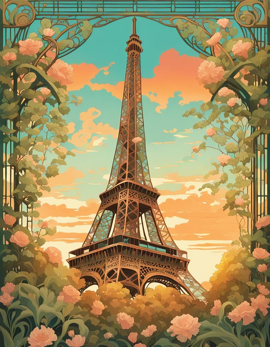 Art Nouveau Eiffel Tower Poster at Sunset