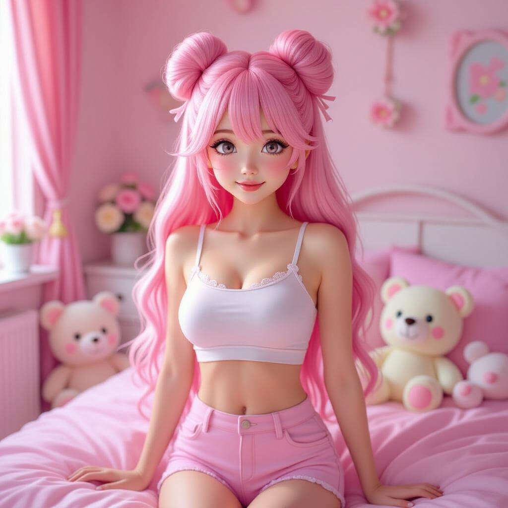 Anime Girl in Kawaii Pastel Bedroom