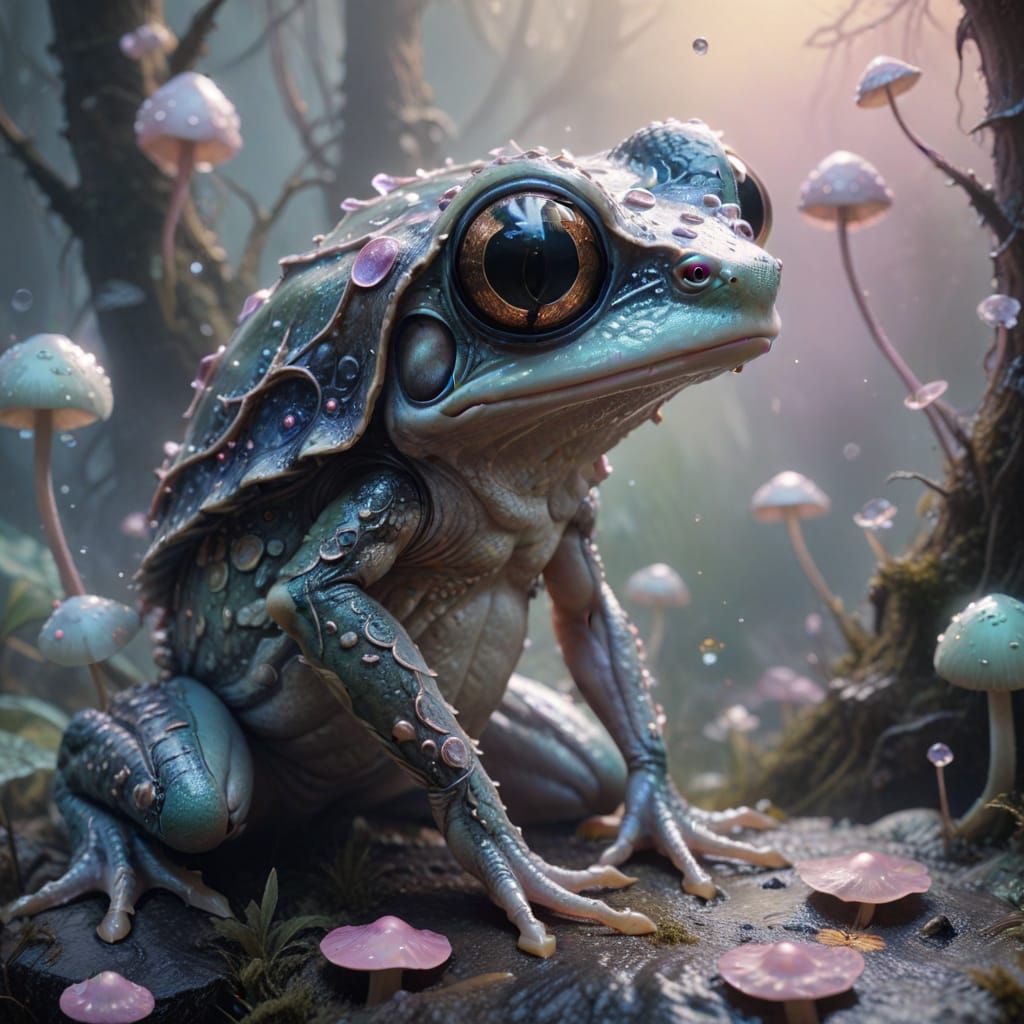Whimsical Pastel Alien Frog in Dreamlike Landscape