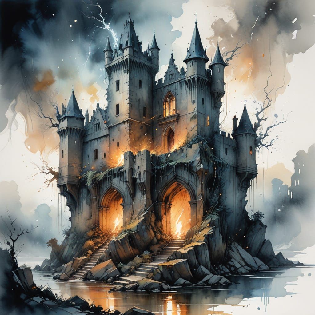 Medieval Castle at Twilight on a Treacherous Cliff