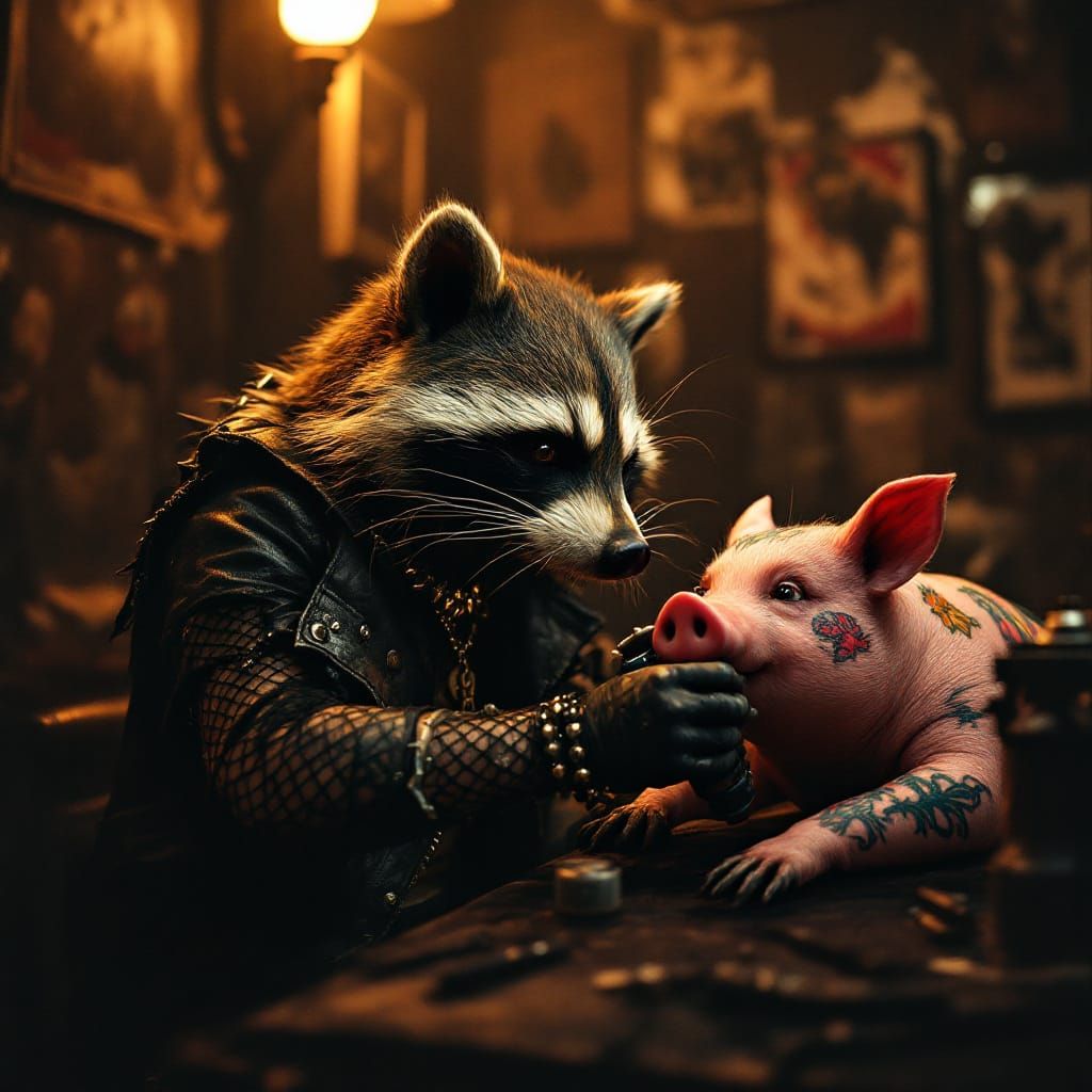 Punk Raccoon Tattoo Artist in Gritty Parlor