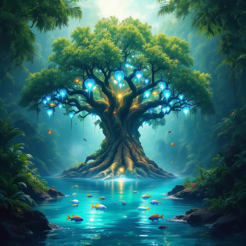 Bioluminescent Sapphire Tree in Hyperrealistic Jungle