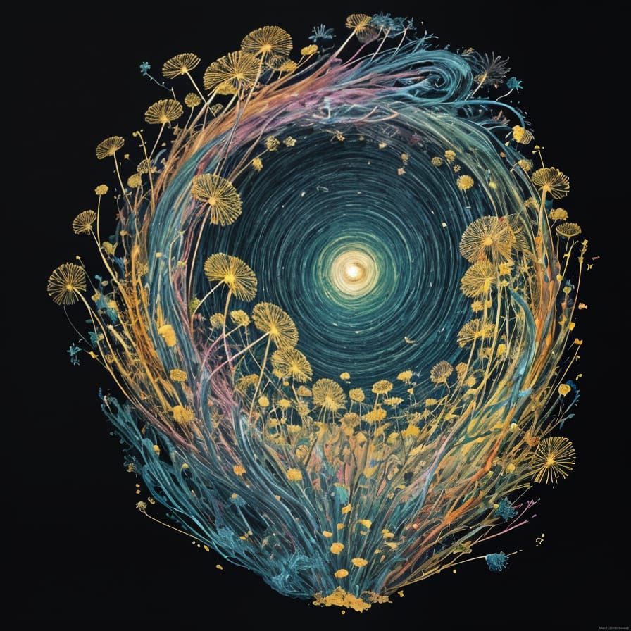 Golden Dandilions in Vibrant Oil Splash Style