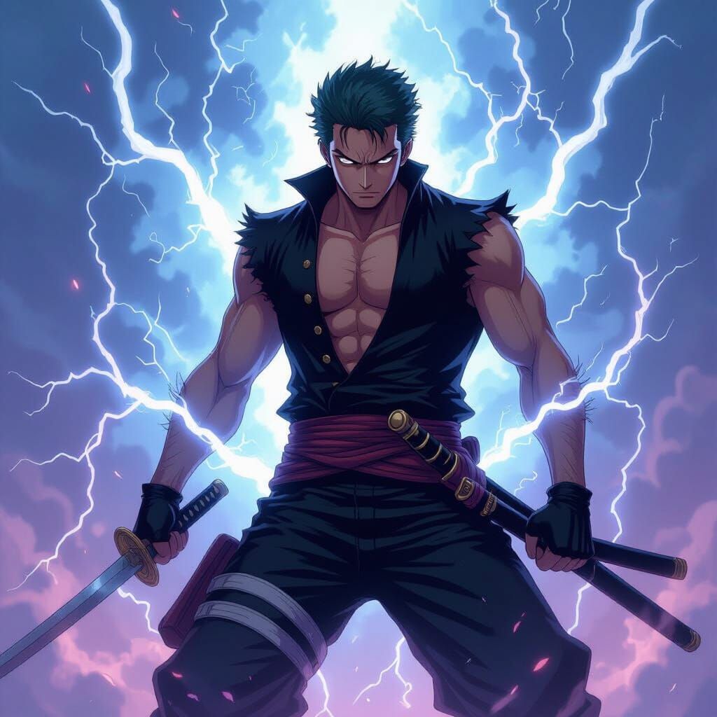 Zoro Aura Farming with Lightning, Manga Art Style