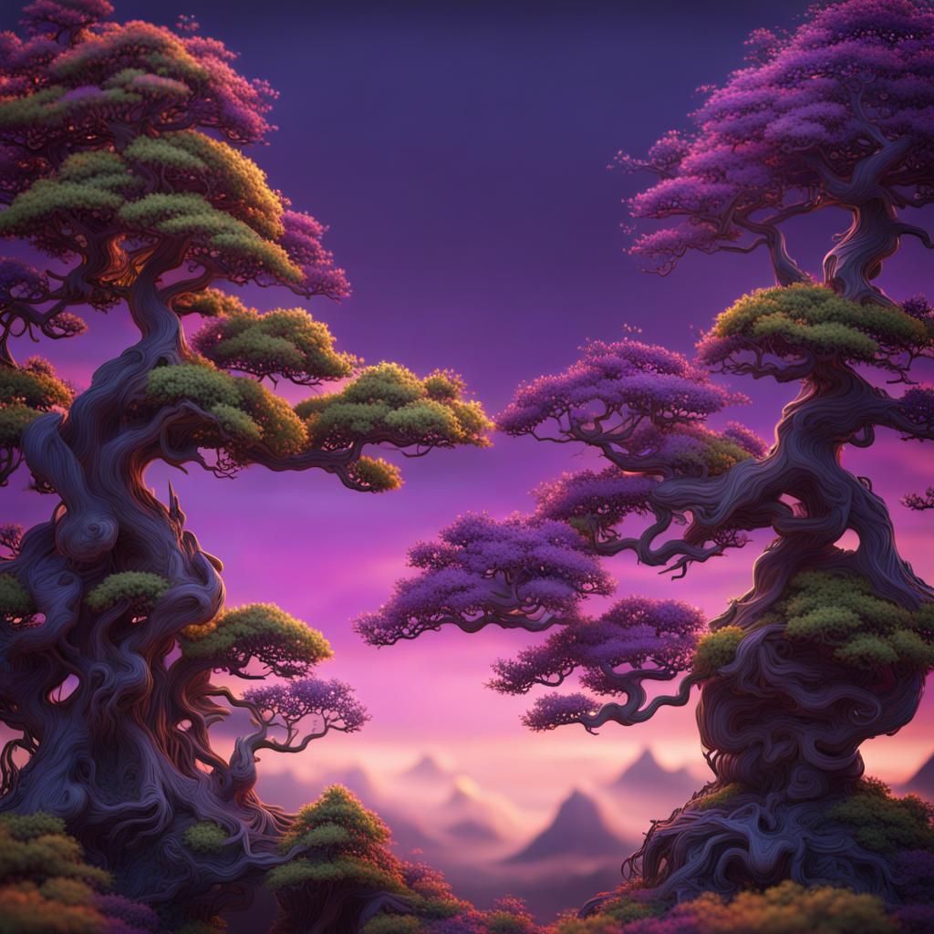 Miniature Bonsai Forest Under Purple Twilight Sky