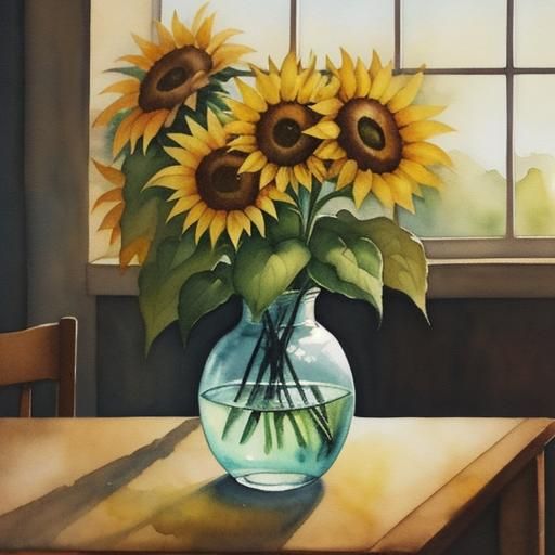 Sunflowers in Vase, Watercolor Painting on Table