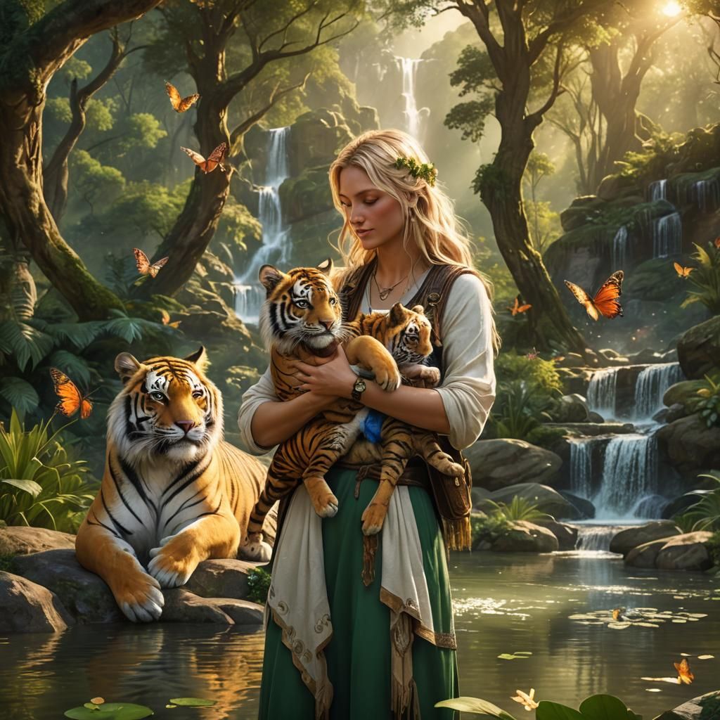 Mother and Child with Forest Animals in Fantasy Art