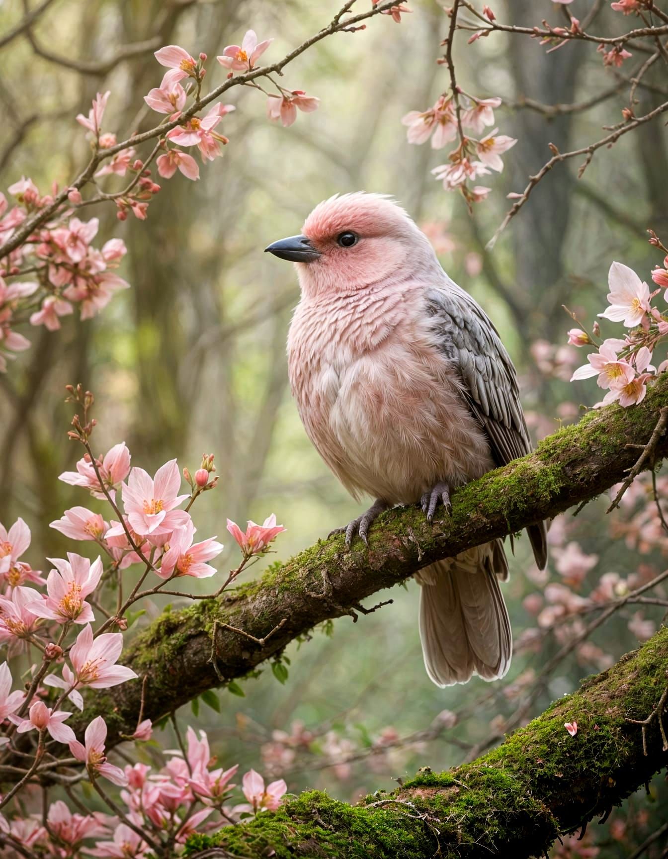 Whimsical Valentine's Forest Scene with Lavender Bird