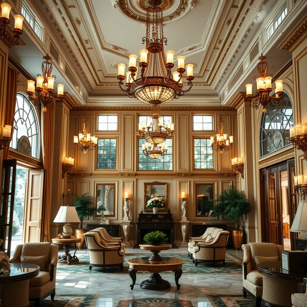 Elegant Hotel Lobby Interior with Chandeliers and Plush Seat...