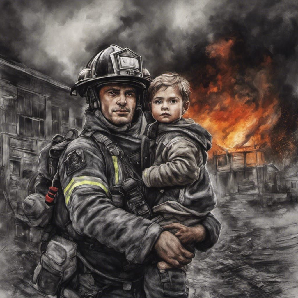 Heroic Firefighter Rescues Boy: Charcoal Art