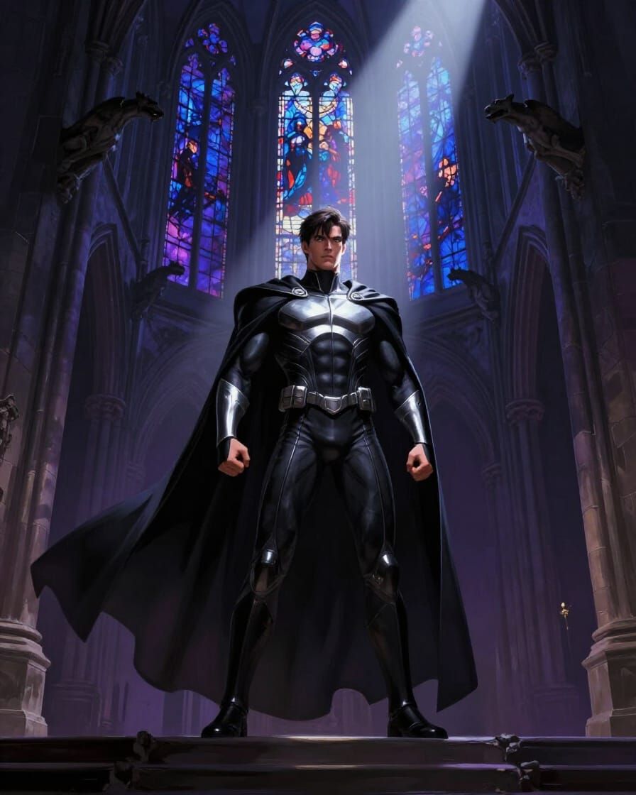 Gothic Superhero in Cathedral, Dramatic Spotlight