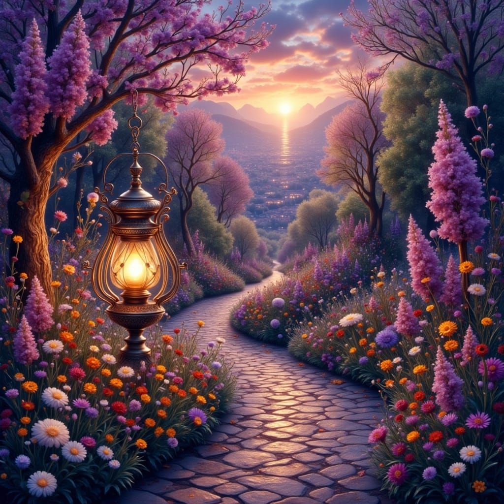 Ornate Lantern Glows on Cobblestone Path Amidst Wildflowers