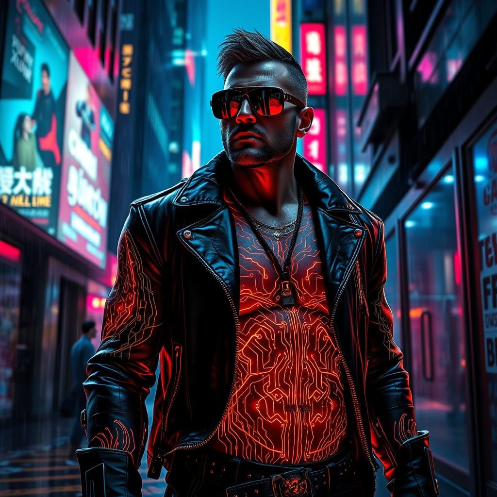 Cyberpunk Warrior Stands in Neon Alleyway, Glowing Tattoos P...