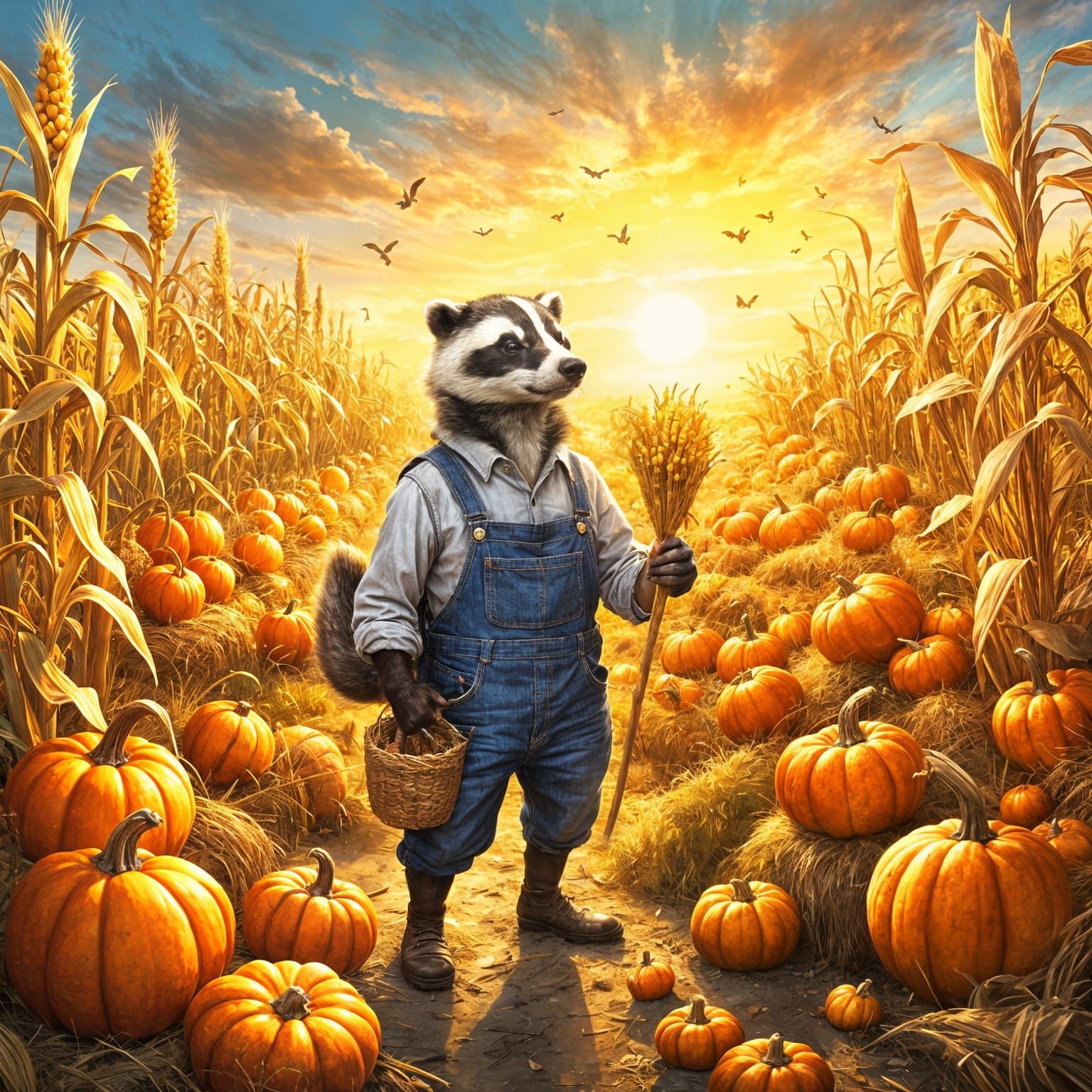 Anthropomorphic Badger Farmer Surveys Autumn Harvest