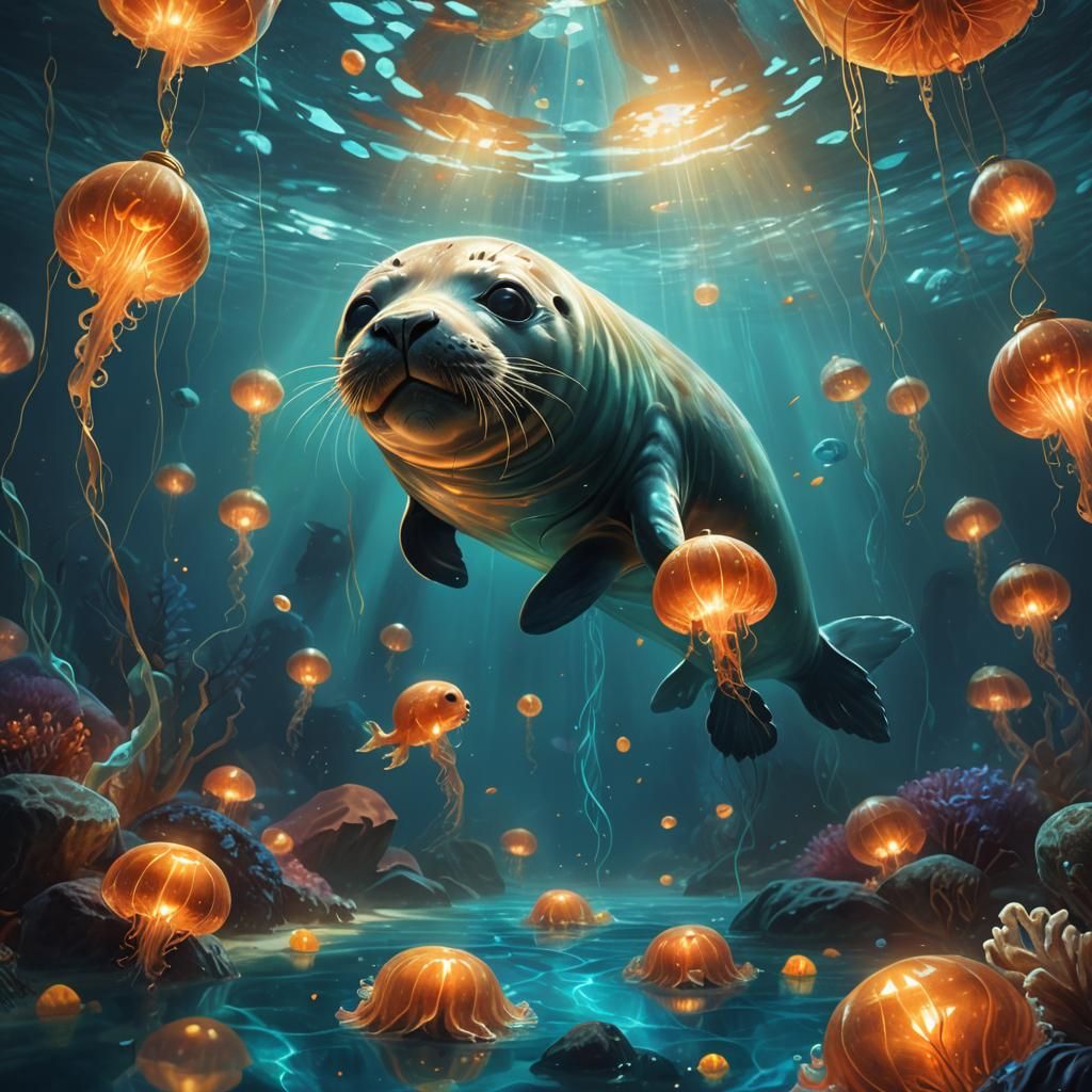 Mystical Baby Seal in Glowing Underwater Scene