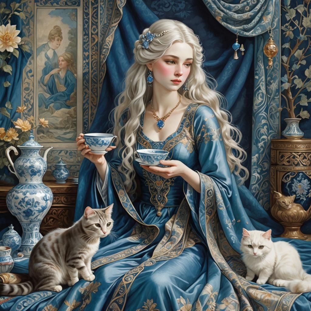 Ethereal Woman in Sapphire Dress with Cat, Fantasy Art