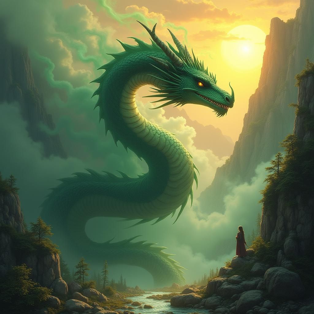 Majestic Dragon in Emerald Smoke, Mythical Illustration