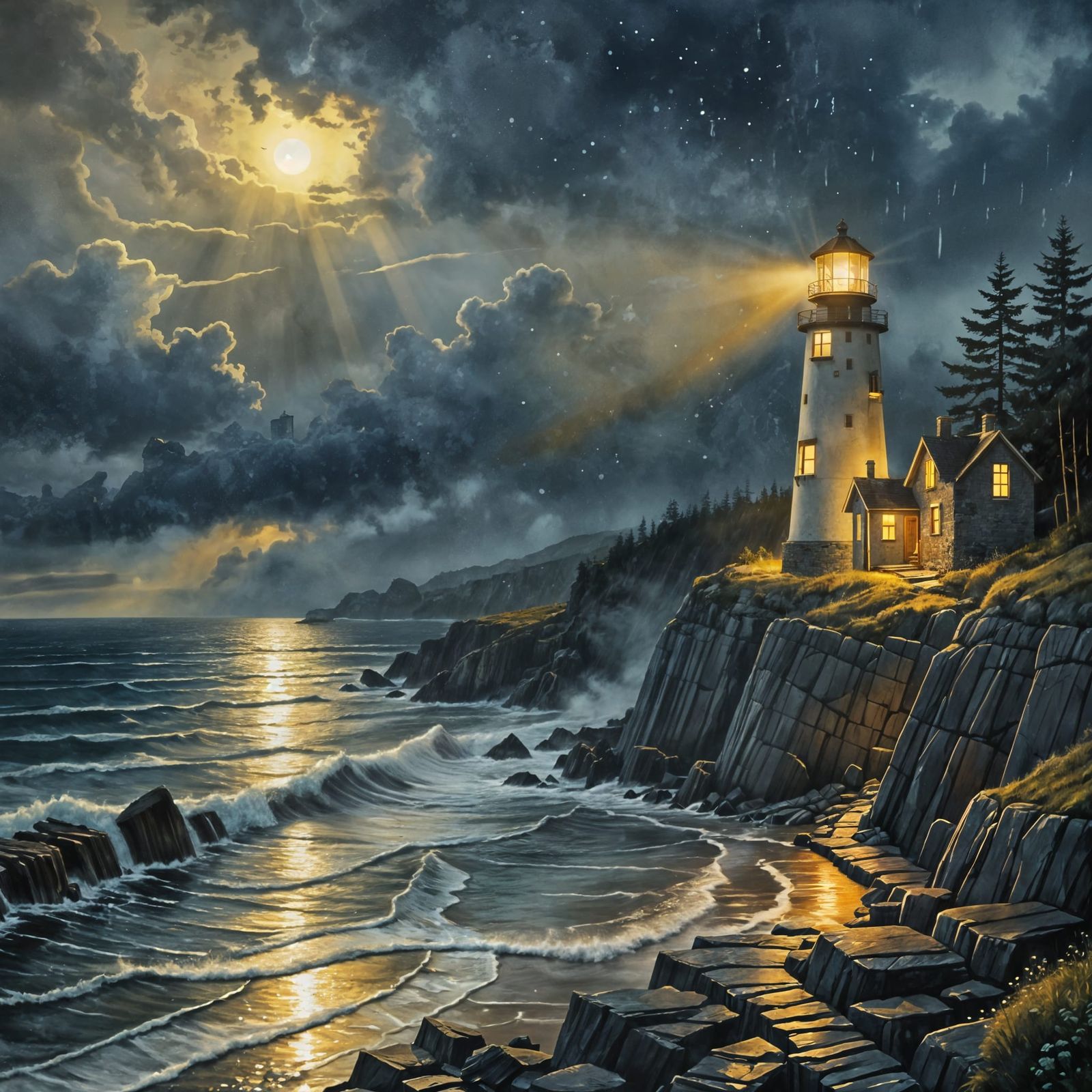 Watercolor Lighthouse at Dusk in Gentle Rain