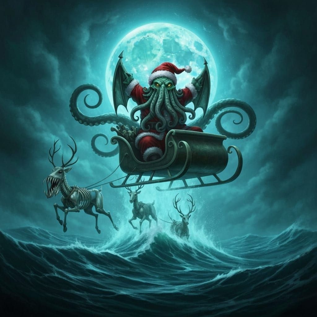 Cthulhu Santa Rises From Sea on Skeleton Reindeer Sleigh