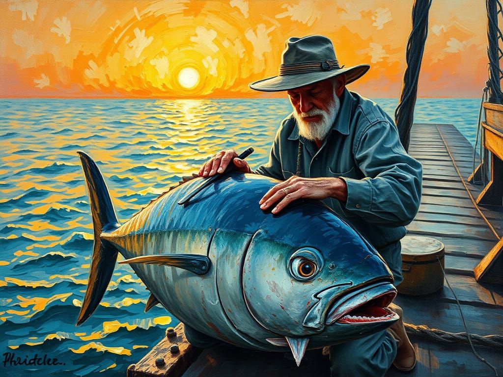 Fisherman Filleting Giant Tuna at Sunrise in Impasto Style